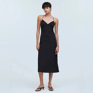 Madewell The Layton Midi Slip Dress Black Women's 10 V-neck Wedding Guest Dainty